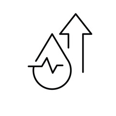High blood pressure icon outline style. A blood drop with pulse line and rising arrow symbolizing hypertension, heart rate increase, or cardiovascular risk. Thin line symbol vector.