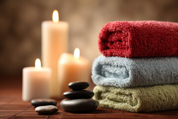 Obraz na płótnie Canvas Spa scene with towels, candles, and massage stones, lower right focus