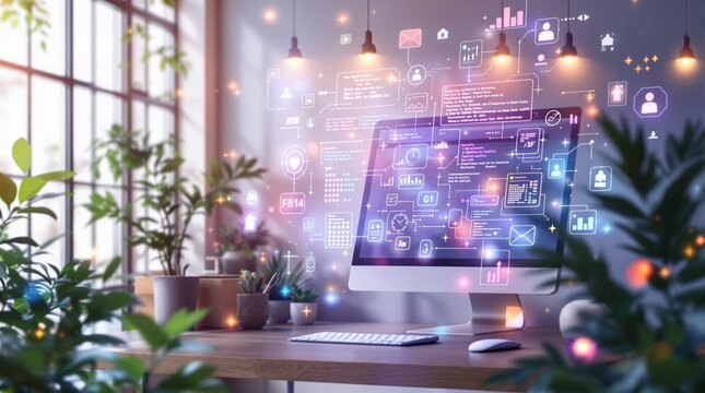 A computer screen with code, surrounded by plants, symbolizes creativity in software development and ui/ux design.