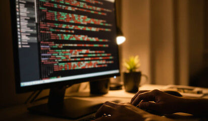 Detail view of a coding session with developer inputting lines of script into a laptop during programming and debugging process
