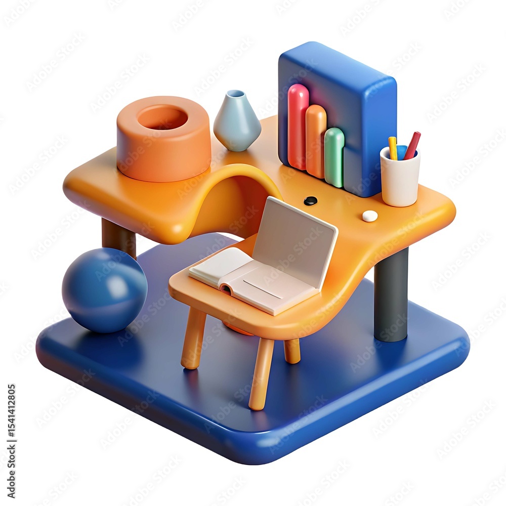 Poster modern 3d rendered workspace setup with laptop and book isolated on white background