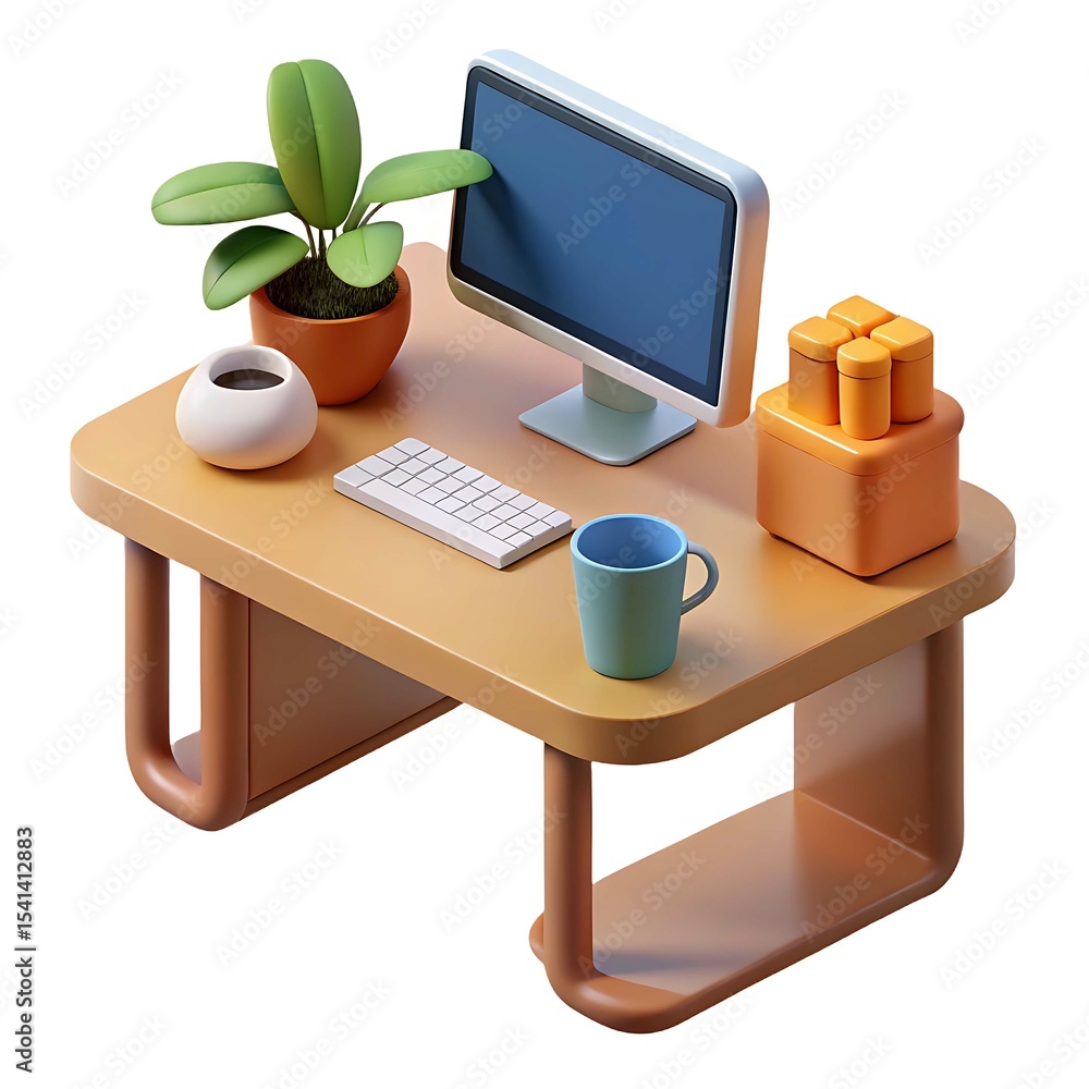 Poster modern minimalist computer desk setup isolated on white background