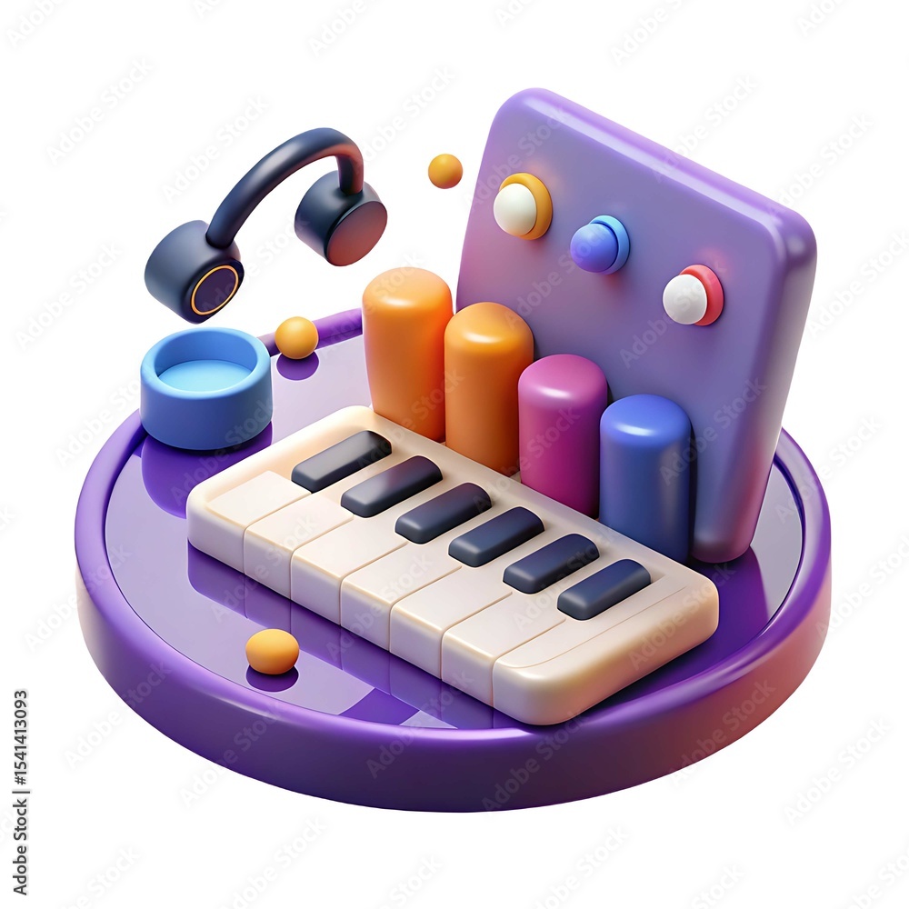 Poster 3d render of a keyboard with headphones and mixer isolated on white background