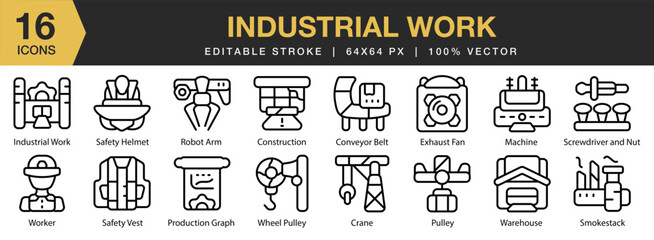 Industrial Work icon set. Editable Stroke Icon Collection. Includes industry, work, technology, engineer, industrial, and More. Outline icons vector collection.