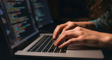 Close-up of developer hands typing on a laptop with visible programming code on screen, focused on software engineering and application development