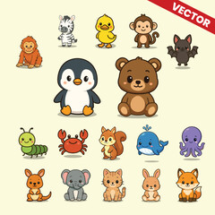 Obraz premium Cute Vector Animal Collection Adorable Cartoon Creatures in Colorful and Playful Style for Kids and Educational Projects