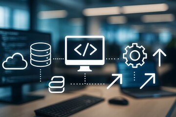 Digital workspace with coding symbols, cloud, database, and gear, symbolizing software development and coding processes.