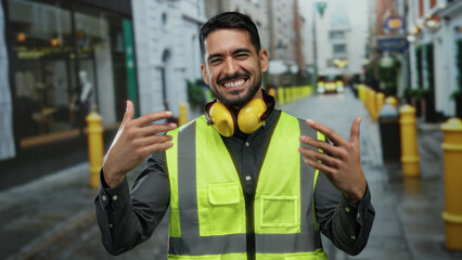 Young hispanic man wearing headphones and safety vest smiling in an urban outdoor street setting with buildings and yellow poles in the background.