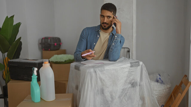 Young man writing and talking on phone in new home surrounded by boxes and cleaning supplies in living room of modern apartment - Powered by Adobe