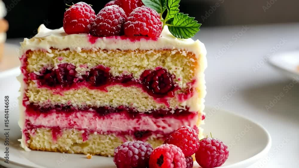 Poster delightful raspberry layer cake slice garnished with fresh berries and mint leaves for a sweet treat
