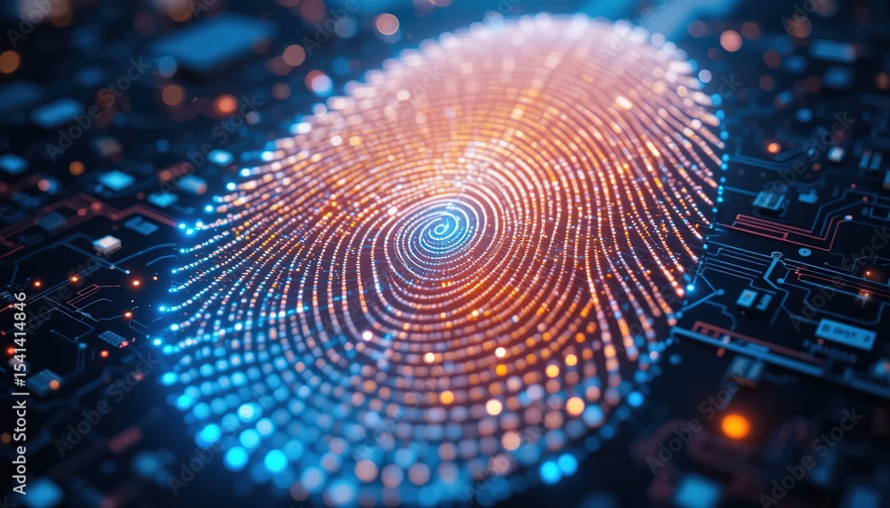 Poster futuristic tech, biometric authentication with fingerprint scan. digital identity, cybersecurity, da