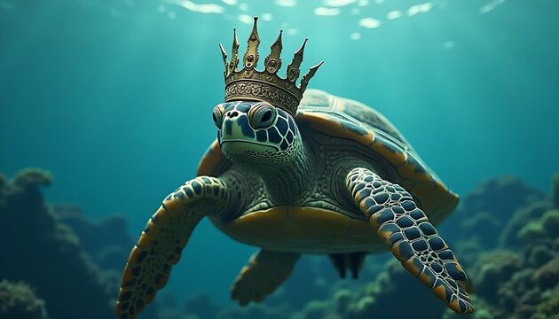 Regal Sea Turtle: A Golden Crowned Reptile Swimming Gracefully Underwater