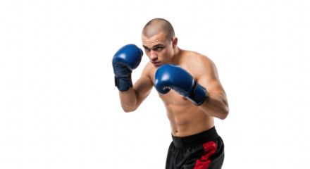 Male boxer with blue gloves in fighting stance on transparent background focused and ready