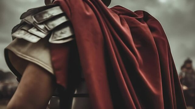 Roman warrior faces army with cape. Battle scene with roman soldier. Hero commands troops with armor shield. Soldier in armor watches line. Knight honor in history. Roman warrior knight leads.