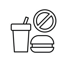 Fast food forbidden icon Outline thin line image of drink and burger with stop sign for nutrition alert or health concept