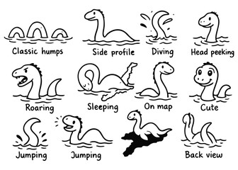 Loch Ness Monster Doodle Icon Set – 10 Black and White Cartoon Vector Illustrations