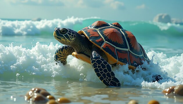 Sea turtle emerges from ocean waves with patterned shell on sandy beach