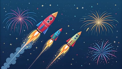 Cartoon rocket ships explore the cosmos among stars, planets, and the moon, illustrating space travel and technology