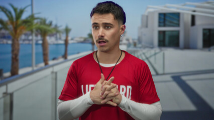 Young hispanic man lifeguard in red shirt on seaside promenade with palm trees and modern...