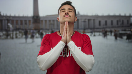 Young man praying outdoors in vatican city wearing lifeguard t shirt at st. peter's square,...