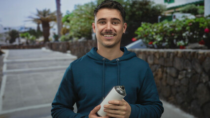 Young hispanic man holding a spray can on a city street, suggesting creative graffiti work in an...