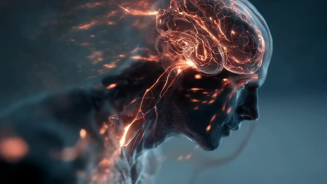 Glowing neural connections illuminating prefrontal cortex within transparent head, revealing neurological impact of mental health challenges and burnout syndrome