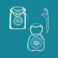 Dental floss for personal oral care - sketch vector line drawing set. Dentistry and hygiene practices at home. Minimalist doodle outline isolated