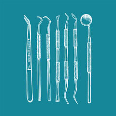 Set of hand-drawn illustrations of dental tools, dentist instruments in sketch style. Equipment for oral health care. Minimalist doodle drawing isolated