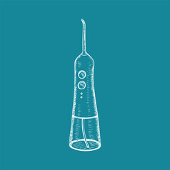 Oral irrigator - hand drawn sketch illustration. Dental hygiene, in-home oral tool, personal oral care, dentistry at home. Vector drawing isolated