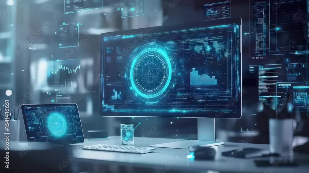Poster A modern workspace featuring large digital screens displaying futuristic data visualizations and analytics in blue tones.