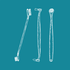 Pet toothbrush set. Veterinary, dentistry, oral hygiene, healthcare. Hand-drawn vector line sketch illustrations. Outline engraving doodle clipart isolated