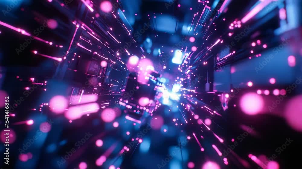 Poster a vibrant, futuristic tunnel of glowing pink and blue lights creates a dynamic sense of depth and di