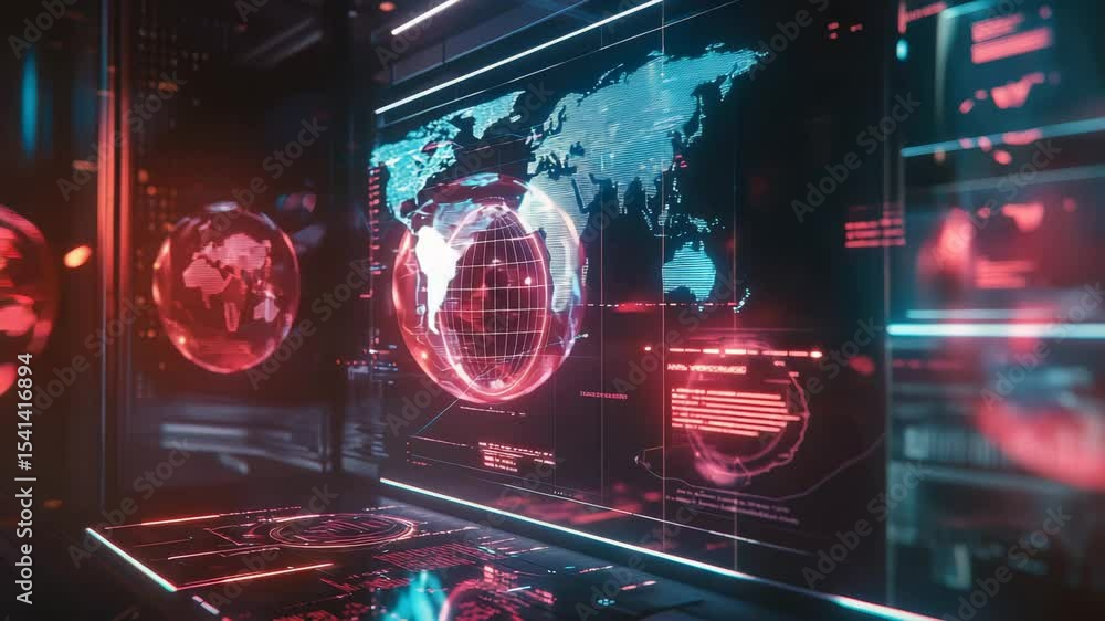 Poster A futuristic digital control room features glowing holographic maps and data interfaces on glass panels.
