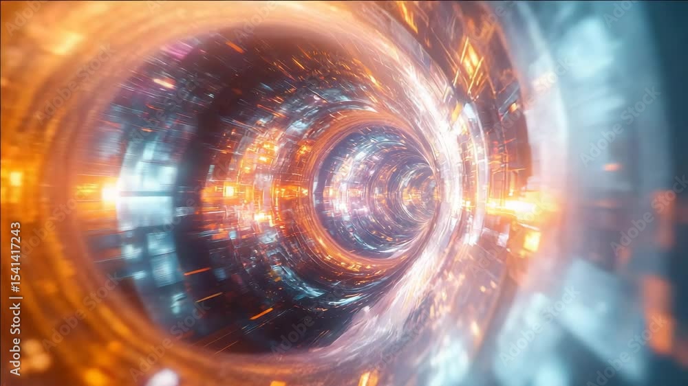 Poster a glowing, futuristic tunnel with swirling lights and digital effects suggesting speed and technolog
