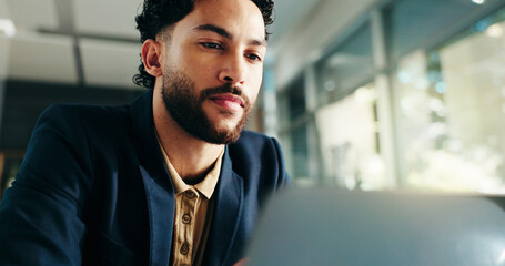 Below, businessman or reading on laptop for review, account management or financial report....