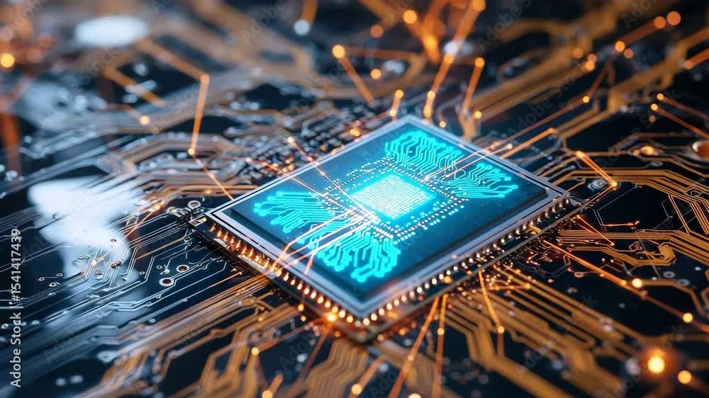 Aufkleber a close-up view of a microchip on a motherboard with glowing circuits and electronic connections.
