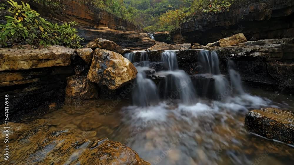 Poster a small waterfall cascades over layered rocks surrounded by lush greenery in a tranquil forest setti