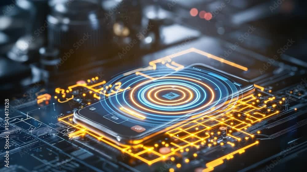 Poster a modern smartphone rests on a glowing circuit board, symbolizing advanced technology and digital co