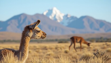 Vicu?a Portrait with Snowy Mountain Backdrop in the Andean Highlands