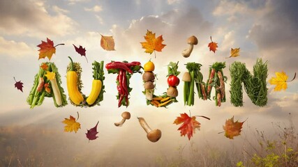 Creative background with text autumn made with fresh vegetables and fallen leaves