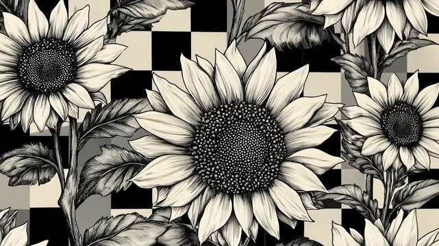 Detailed black and white sunflower graphic on checkered background