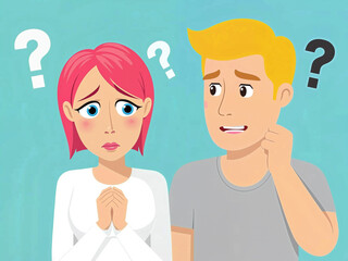 Obraz premium Confused young couple looking at each other with questions on background 