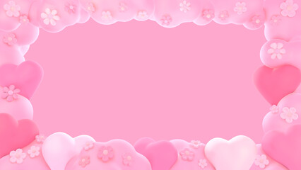 3D render hearts and flowers frame on pink background.