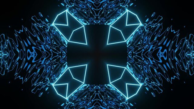 Dark Background Neon Kaleidoscope Seamless Motion. Abstract neon lines in kaleidoscope pattern with smooth continuous loop