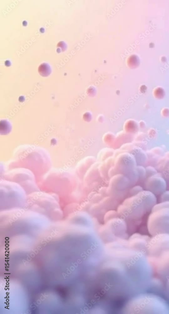 Poster pastel dreamscape of floating spheres and soft clouds in a serene gradient