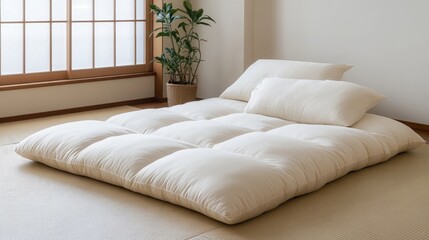 Comfortable Japanese Futon Mattress Set with Pillows for Relaxing Sleep in a Minimalist Bedroom
