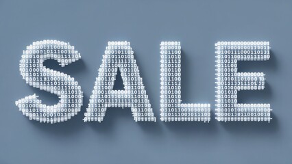 texto 3D en relieve 'SALE' usando solo '1' y '0', con textura, digital binaria, primer plano, sobre fondo gris azulado y letras blancas, venta con descuento, liquidación