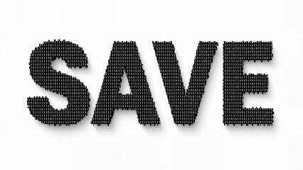 texto 3D en relieve 'SAVE' usando solo '1' y '0', con textura, horizontal, primer plano, sobre fondo blanco y caracteres en negro, letras interiores blancas, venta con descuento, liquidación