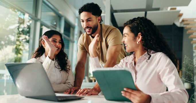 Teamwork, business people and high five with tablet for celebration, milestone or accomplishment. Happy workers, group and success with laptop in office for good news, goal achievement or winning - Powered by Adobe