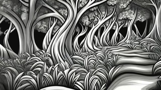 Black and white stylized forest scene